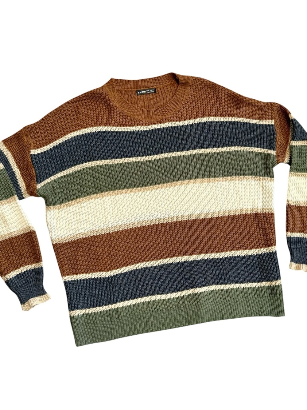 Striped Knit Crewneck Sweater - Brown/Green/Blue/Cream Size M/6